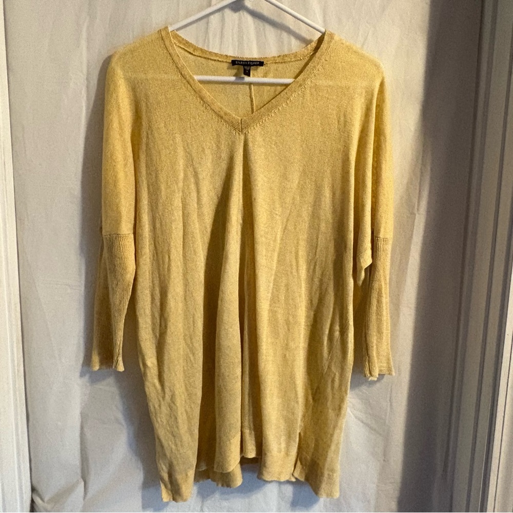 Eileen Fisher Womens Small Yellow 100% Linen V Neck Tunic Sweater Dolman